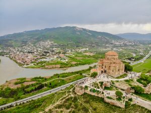 Aerial exterior view of the church at Jvari Monastery.