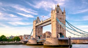 Tower Bridge in London spans the River Thames with its distinctive Victorian Gothic towers.