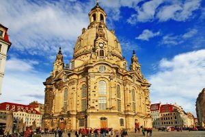The Dresden Frauenkirche with its monumental Baroque dome stands as a landmark of Dresden, Germany.