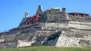The photo shows Castillo San Felipe de Barajas, a large fortress overlooking Cartagena, Colombia.